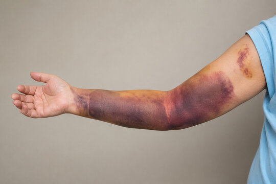 AI generated extensive arm bruising deep purple discoloration after trauma highlighting hematoma soft tissue injury recovery healthcare diagnosis medical education
