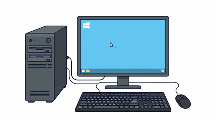 Fototapeta premium Vintage desktop computer setup with a gray tower, monitor showing blue screen with Windows logo and mouse cursor, keyboard and mouse, illustrating early computing hardware and digital operations