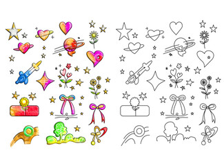Obraz premium happy family silhouettes,Hand Drawn Space and Heart Line Art Vector Doodle Set