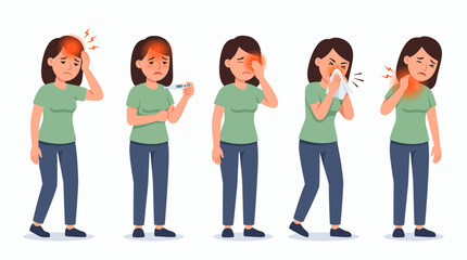 Obraz premium Woman's cartoon character showing various illness symptoms: headache, fever, eye pain, sneezing and stiff neck, Illustrating health campaign materials, ideal for medical infographics about sickness