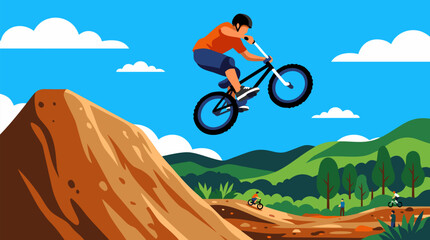Obraz premium Dynamic BMX rider launching high off a massive dirt jump under vivid blue sky, extreme bike trick over rugged trail and green hills, action sports adventure, speed, courage and airtime
