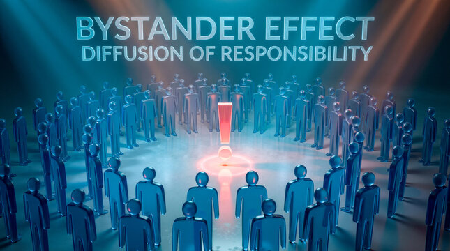 Conceptual 3D illustration of bystander effect and social apathy with figures around an exclamation mark