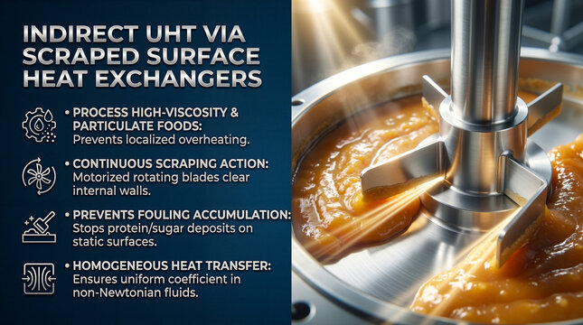 Industrial food processing infographic banner about indirect UHT scraped surface heat exchanger technology