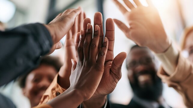 Diverse team celebrating success with a high five gesture, symbolizing unity, teamwork, and achievement in business