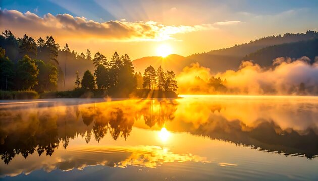 A vibrant sunrise casts golden rays over a serene lake, reflecting on the calm water, with trees silhouetted against the bright light