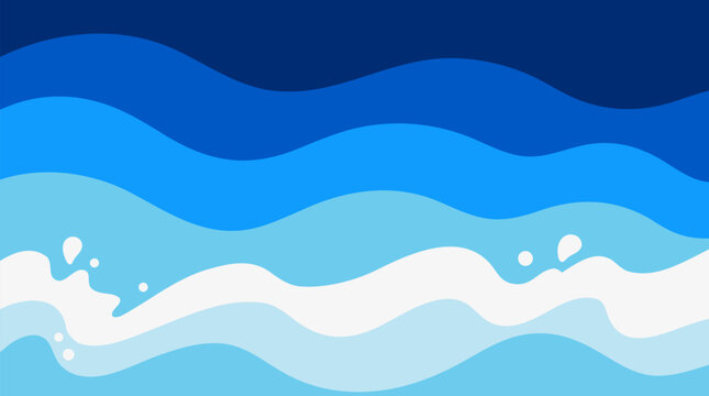 Abstract layered ocean wave bands vector background in deep navy, azure, cyan and foam white, smooth fluid curves suggesting sea surf, calm motion, coastal freshness and modern design