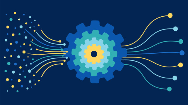 Machine learning concept with layered gears processing streams of glowing data particles, connected neural lines and colorful outputs on dark blue background for artificial intelligence vector graphic
