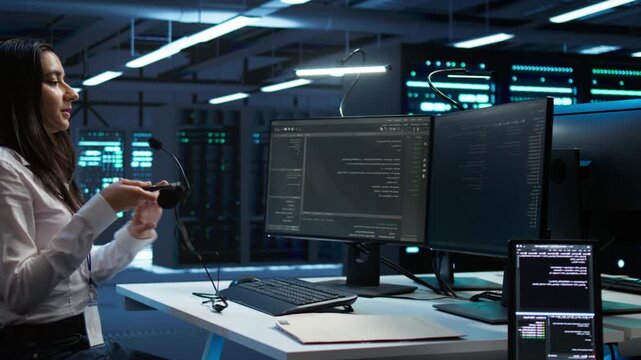 Technician provides technical support in a modern server hub with a microphone, combining performance oversight, system reliability and technical support while supporting business continuity