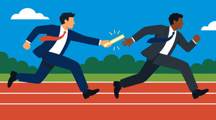 Obraz premium Business runners in sharp suits exchange a glowing baton on a track, dynamic vector illustration of teamwork, leadership succession, speed, collaboration and corporate momentum strategy