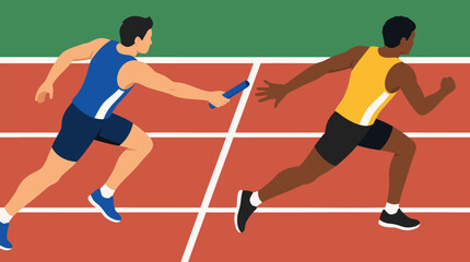 Obraz premium Dynamic vector sports illustration of two relay runners exchanging a blue baton in the handoff zone on a red track, capturing speed, teamwork and competitive race intensity and motion