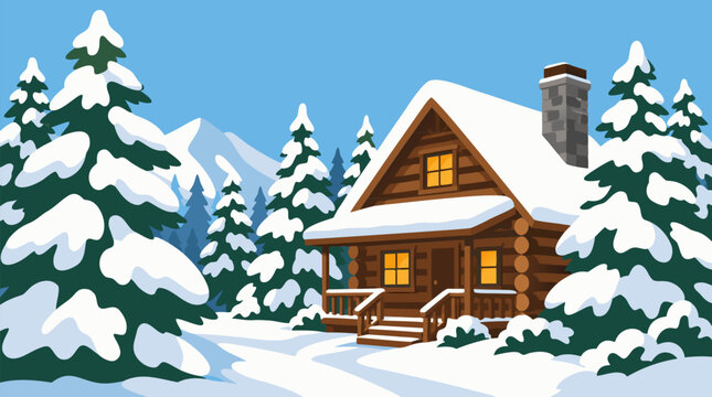 Cozy log cabin glowing among pine trees after first snow, alpine forest with white drifts, blue mountains and warm windows in a peaceful winter holiday vector illustration landscape
