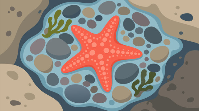 Bright coral starfish resting in a clear shallow tide pool, surrounded by smooth beach pebbles, seaweed, sand, and calm coastal water in a cheerful flat vector marine nature illustration
