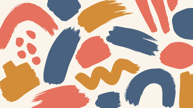 Scattered abstract brushstrokes in coral, ochre and cool slate blue on warm cream, hand painted vector pattern for modern branding, artistic backgrounds, textile prints and creative design