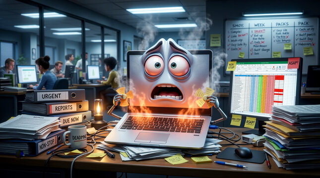 Overworked and stressed computer character smoking on a messy desk full of urgent business report documents