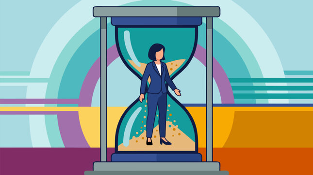 Businesswoman standing inside a giant hourglass as golden sand rises, bold vector concept of deadline pressure, career urgency, time management, ambition, uncertainty, and workplace constraints
