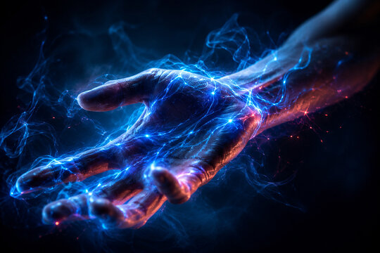 AI generated futuristic human hand glowing blue energy flowing across skin creating powerful electric connection vibrant light mysterious dark atmosphere
