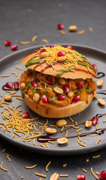 Authentic Indian Dabeli Burger with Sev and Pomegranate Seeds