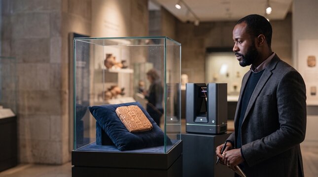 Professional researcher examining an ancient cuneiform clay tablet in a museum display case
