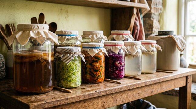 Probiotic Fermented Foods for Gut Health, Home Fermentation. Glass jars of probiotic fermented foods including kimchi, sauerkraut, and kombucha on wooden shelf in rustic kitchen
