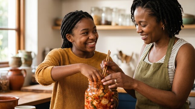 Probiotic Fermented Foods for Gut Health, Home Fermentation. Two women preparing probiotic fermented foods in a bright kitchen, sharing a joyful moment with a jar of kimchi