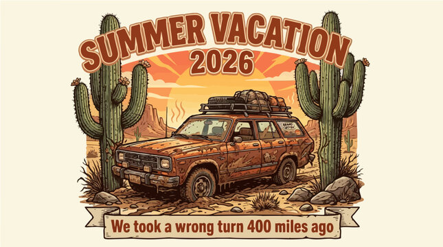 Summer Vacation 2026 Retro Station Wagon in Desert Vector Illustration with Funny Wrong Turn Quote