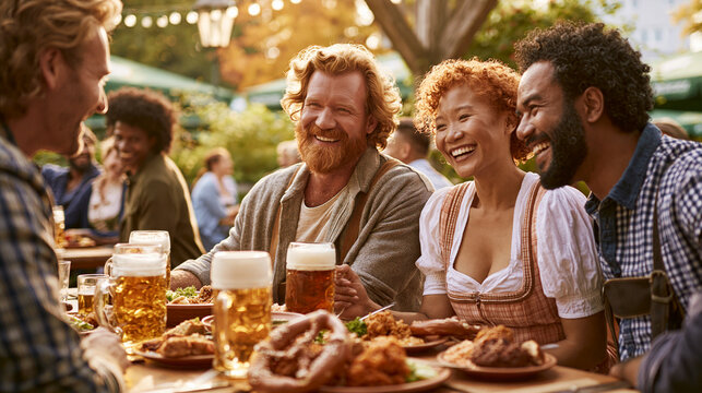 Friends Laughing At Outdoor Beer Garden Dinner Party Table At Sunset