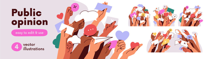 Fototapeta na wymiar Public opinion, forum and discussion. People crowd, hands group sharing feedback. Audience, society with good and bad reaction, comments, reviews. Flat vector illustration isolated on white background
