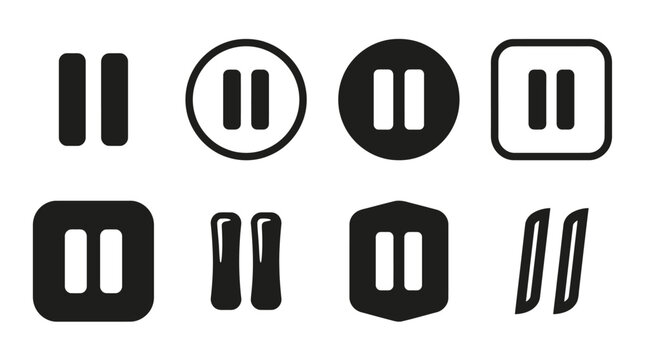 Minimalist pause icon set, black media player control symbols, vector collection of 8 stop and wait buttons for video interface design