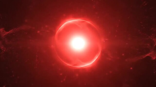 A glowing red sphere radiates light in a dark void space