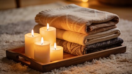 Four lit cream pillar candles placed on a sleek wooden tray alongside neatly folded textured towels, perfect for promoting spa services and bathroom essentials.