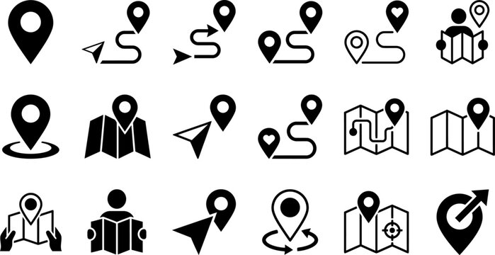 Collection of navigation and location icons for mapping and directions