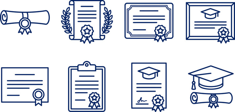 Education certificates and diplomas line icons set graduation achievements