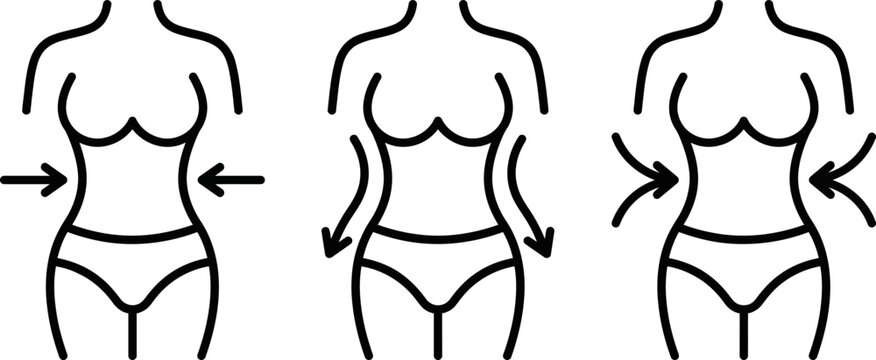 Weight loss progression illustration three stages of female body transformation line art