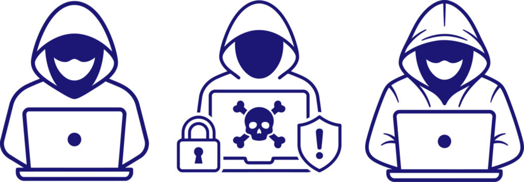 Cyber security threats and laptop users with protection symbols