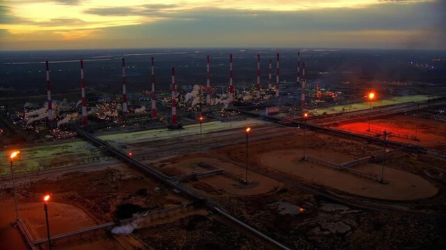 Industrial oil and gas refinery plant emitting smoke from chimneys during a dramatic sunset