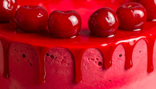 Cherry mousse cake with glossy glaze drip and airy creamy texture