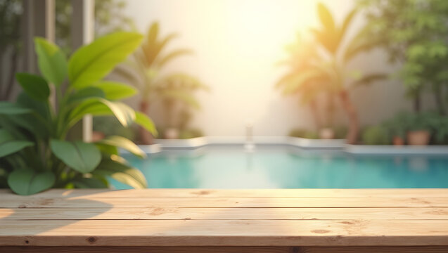 Empty wooden table on blurred tropical swimming pool background for product display mockup with summer garden sunshine