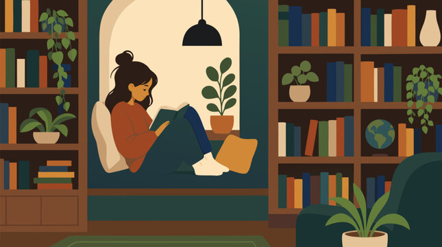 Cozy young woman reading in a quiet library window nook, surrounded by bookshelves, plants, warm lamp light, pillows and calm study atmosphere, modern flat vector illustration scene
