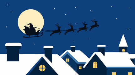 Naklejka premium Santa flying in sleigh with four reindeer across moonlit blue Christmas sky over snowy village rooftops, glowing windows, chimneys, and steeple, storybook festive holiday vector scene