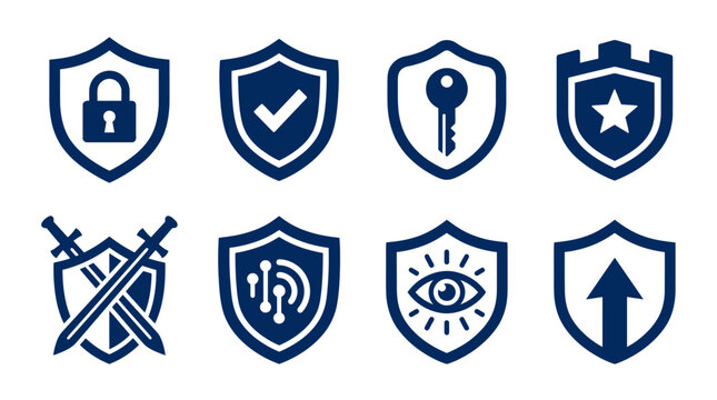 Cybersecurity shield icons set, dark blue security guard symbols for data protection, 8 vector shield elements for network safety and antivirus software
