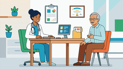 Fototapeta premium Friendly doctor consulting an elderly patient in a bright clinic office, warm healthcare checkup with charts, computer, plants and caring communication, clean flat vector illustration scene