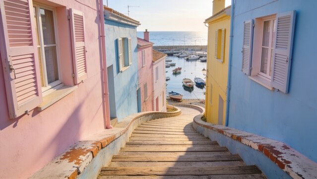 A curved wooden walkway descends between vibrantly painted pastel houses in pink, blue, and yellow, leading toward a calm harbor with small boats, ideal for colorful destination and lifestyle branding