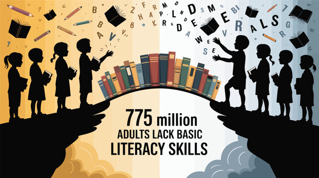 Bridging the Literacy Gap: Children on either side of a chasm connect across a bridge of books, symbolizing the power of education to overcome the challenge of illiteracy.