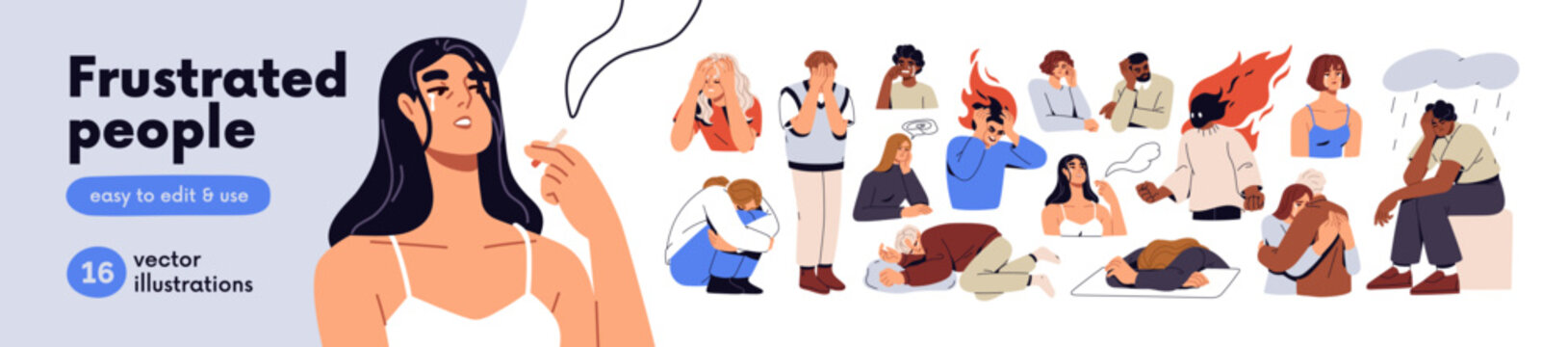 Frustrated people set. Sad depressed disappointed crying men, women with psychology problems. Grief, depression, frustration and sorrow emotions. Flat vector illustrations isolated on white background
