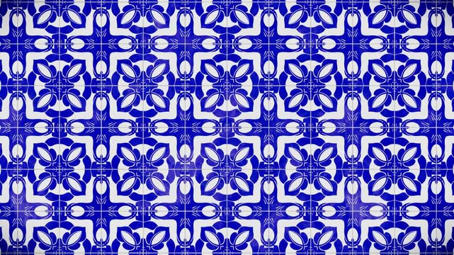 Vibrant blue and white ornate floral tile abstract pattern background, a seamless loop motion graphics video