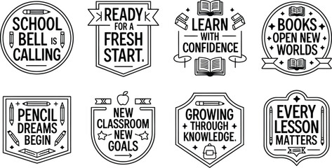 Fototapeta premium Collection of educational inspirational quotes and emblems with school related symbols and illustrations