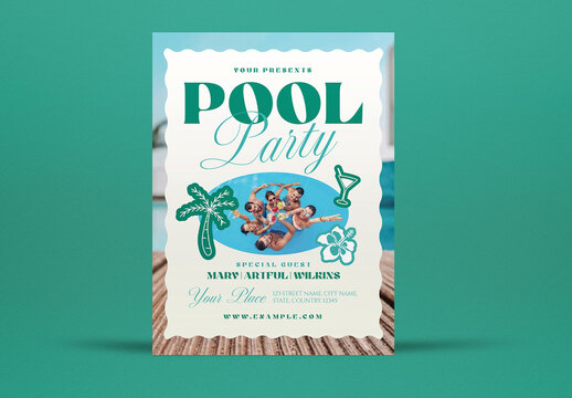 Green Sticker Art Pool Party Flyer Layout
