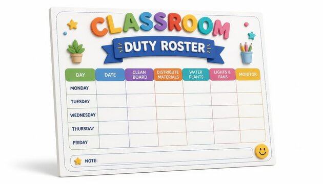 Colorful classroom duty roster chart featuring a weekly schedule for students with bright vibrant plastic letters