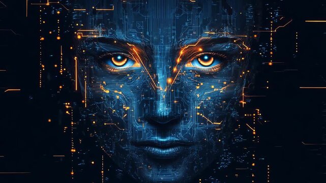 A face appears with glowing eyes and circuit patterns in a futuristic digital design