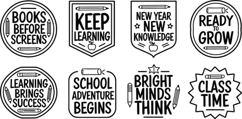 Obraz premium Collection of eight educational emblems with positive learning phrases and pencil illustrations